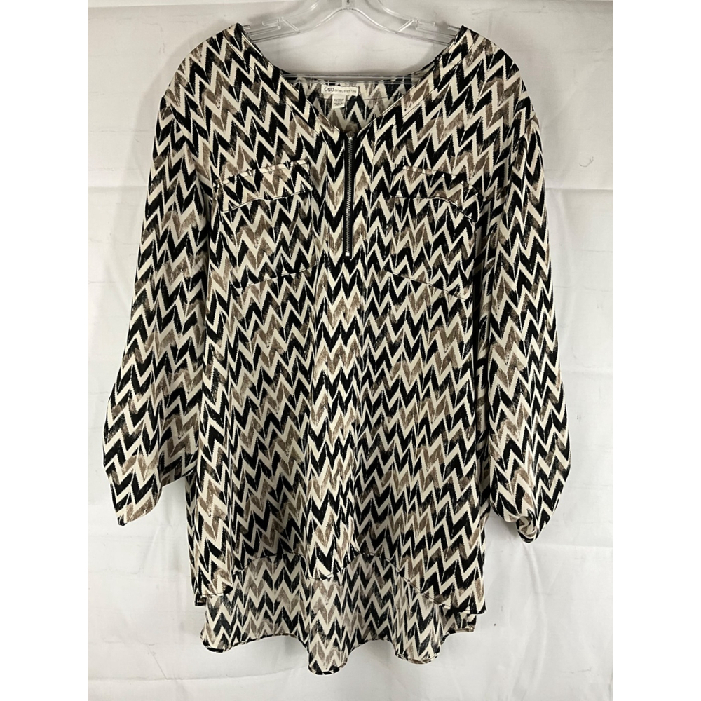 Zigzag Print Long-Sleeve Tunic Top - Black & Cream